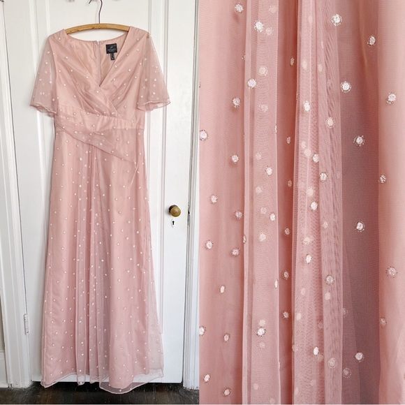 Adrianna Papell • Metallic Clip Dot Gown blush pink flutter sleeve surplice - Picture 1 of 13